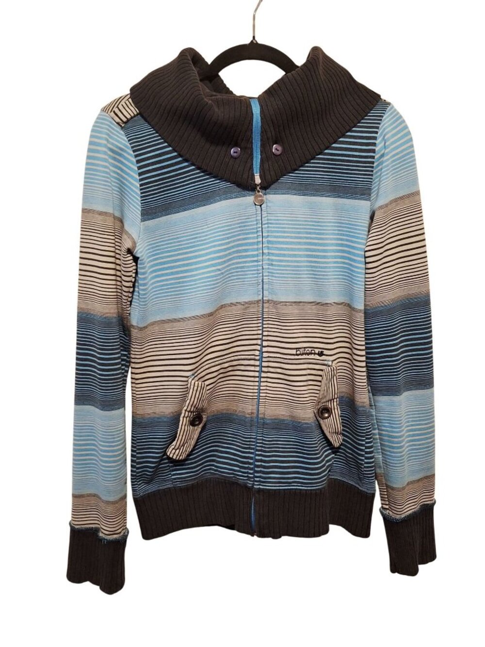 Burton Blue & Gray Striped Full-Zip Sweater Jacket With Large Buttoned Collar S